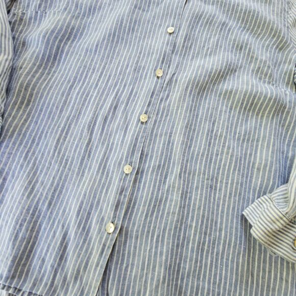 J.Jill Size L PETITE Love Linen Essential Shirt Blue White Striped Breathability - Picture 4 of 9